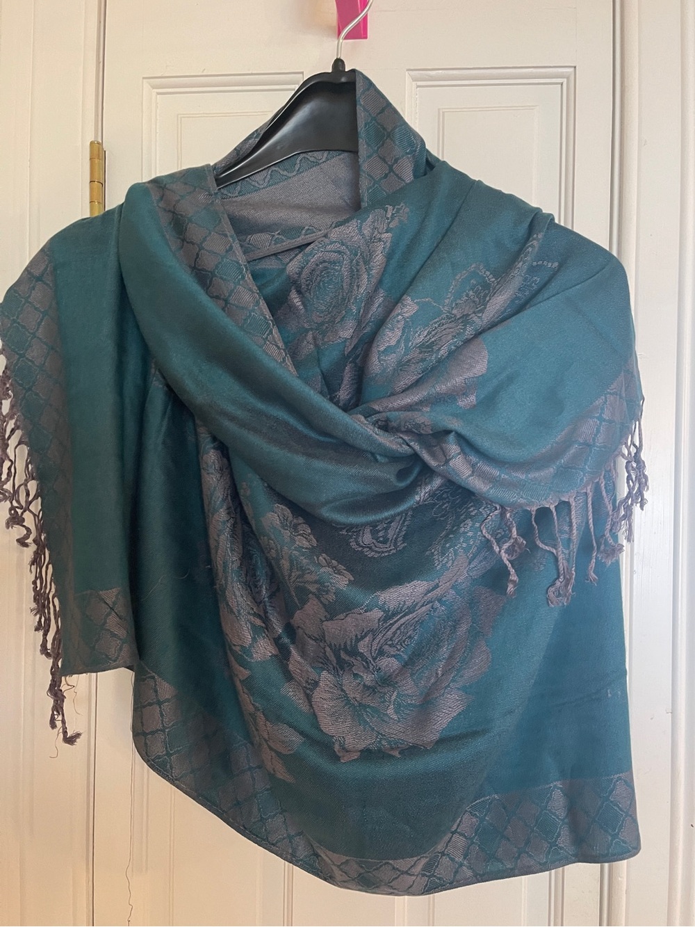 pashmina Teal and Silver Floral Jacquard Shawl Wrap